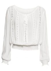 Bluza nakładana przez głowę z miękkiej wiskozy. Białe bluzy damskie bonprix, bez wzorów, z koronki, bez ramiączek, bez kaptura. Za 139.99 zł.