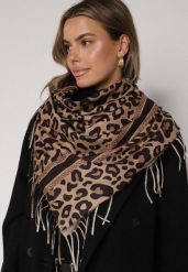 Ciemnobrązowy Panterkowy Szalik z Wiskozy Zdobiony Frędzlami Ferenea. Brązowe szaliki damskie Born2be, z aplikacjami, z wiskozy. Za 39.99 zł.