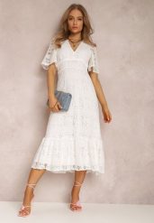 Biała Sukienka Corelaia. Białe sukienki damskie Renee, s, bez wzorów, z koronki, klasyczne, bez kołnierzyka, bez ramiączek, midi, rozkloszowane. Za 84.99 zł.