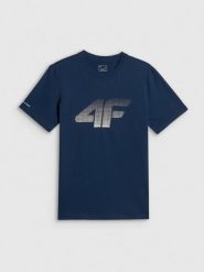 4F T-shirt regular z nadrukiem męski - granatowy S. Niebieskie t-shirty męskie 4F, m, bez wzorów, z bawełny, bez kołnierzyka, bez ramiączek. Za 69.99 zł.