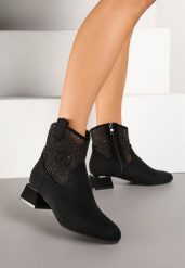 Czarne Botki na Słupku Vices Ozdobione Siateczką na Cholewce Deovenna. Czarne botki damskie Renee, z aplikacjami, eleganckie, bez obcasa, na obcasie, bez zapięcia. Za 129.99 zł.