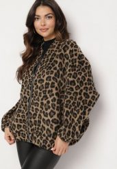 Brązowa Panterkowa Bluza z Dodatkiem Lnu o Kroju Oversize Sintirra. Brązowe bluzy damskie Born2be, m, bez wzorów, z jeansu, eleganckie, bez ramiączek, bez kaptura. Za 169.99 zł.