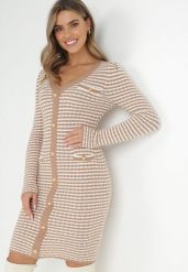 Beżowa Sukienka Sweterkowa w Paski z Guzikami Sietili. Brązowe sukienki damskie Born2be, na co dzień, s, bez wzorów, eleganckie, bez kołnierzyka, bez ramiączek, mini. Za 84.99 zł.