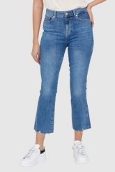 7 FOR ALL MANKIND Jasnoniebieskie jeansy z poszarpanymi nogawkami HW Slim Kick. Niebieskie jeansy damskie 7 for all mankind, bez wzorów, z bawełny. W wyprzedaży za 499.99 zł.