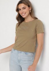 Ciemnozielony Bawełniany T-shirt Ozdobiony Cyrkoniami i Brokatem Halirea. Zielone t-shirty damskie Born2be, m, z aplikacjami, z bawełny, eleganckie, bez kołnierzyka, bez ramiączek. Za 34.99 zł.