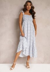 Niebieska Maxi Sukienka Rozkloszowana na Ramiączkach z Falbankami Azah. Niebieskie sukienki damskie Renee, l, bez wzorów, bez kołnierzyka, bez ramiączek, maxi, rozkloszowane. Za 84.99 zł.