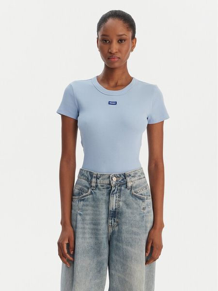 HUGO T-Shirt Easy 50523924 Błękitny Slim Fit. Niebieskie t-shirty damskie Hugo, xl, bez wzorów, z bawełny, bez kołnierzyka, bez ramiączek. Za 199.99 zł.