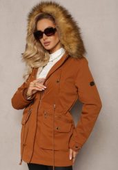 Brązowa Ocieplana Parka Kurtka z Kapturem i Podszewką z Możliwością Odpięcia Okava. Brązowe kurtki damskie Renee, l, bez wzorów, z kapturem. Za 249.99 zł.