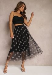 Czarna Tiulowa Rozkloszowana Spódnica Plisowana z Aplikacjami Serc i Gumką w Pasie Missari. Czarne spódnice damskie Renee, na co dzień, l, z aplikacjami, z tiulu, eleganckie, midi, plisowane. Za 44.99 zł.
