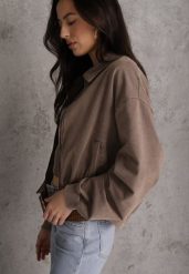 Beżowa Bluza Bomberka z Bawełny Oversize Ozdobiona Kołnierzem Vimelles. Brązowe bluzy damskie Renee, m, bez wzorów, z bawełny, eleganckie, bez ramiączek, bez kaptura. Za 149.99 zł.