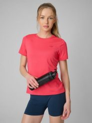 4F Koszulka treningowa regular szybkoschnąca damska - czerwona XL. Czerwone bluzki damskie 4F, xl, bez wzorów, bez kołnierzyka, bez ramiączek. Za 79.99 zł.