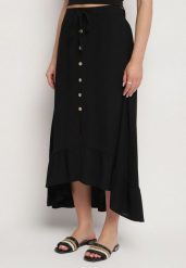 Czarna Asymetryczna Spódnica z Falbanami i Ozdobnymi Guzikami Marolana. Czarne spódnice damskie Born2be, na co dzień, l, bez wzorów, eleganckie, midi, asymetryczne. Za 54.99 zł.