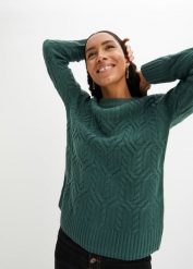 Sweter z okrągłym dekoltem i wzorem w warkocze. Zielone swetry nierozpinane damskie bonprix, bez wzorów, bez kołnierzyka, bez ramiączek. Za 99.99 zł.