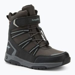 Śniegowce juniorskie KangaROOS K-MJ Eldora EV RTX. Czarne buty zimowe męskie KangaRoos, na zimę, bez wzorów, bez obcasa, bez zapięcia. Za 239.99 zł.