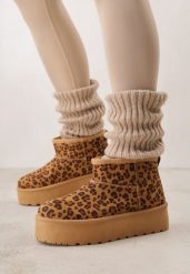 Panterkowe Krótkie Śniegowce na Platformie Lysindra. Brązowe śniegowce damskie Born2be, z futra, bez zapięcia. Za 89.99 zł.