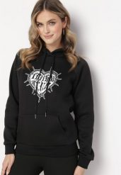 Czarna Bluza z Kapturem i Nadrukiem oraz Ściągaczami Sitta. Czarne bluzy damskie Born2be, l, bez wzorów, casualowe, bez ramiączek, z kapturem. Za 74.99 zł.