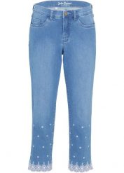 Dżinsy Straight ze stretchem, mid waist, dł. za kolano. Niebieskie jeansy damskie bonprix, bez wzorów, z jeansu. Za 159.99 zł.