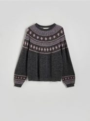 Sweter z dodatkiem moheru - wielobarwny. Swetry nierozpinane damskie Reserved, l, bez wzorów, z dzianiny, bez kołnierzyka, bez ramiączek. W wyprzedaży za 99.99 zł.