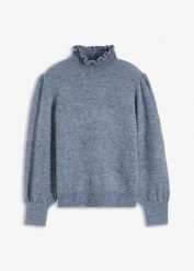Sweter z golfem i falistym wykończeniem. Szare swetry nierozpinane damskie bonprix, bez wzorów, bez kołnierzyka, bez ramiączek. Za 129.99 zł.