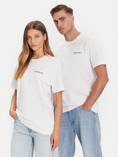 Guess Jeans T-Shirt M5BI78 K8FQ4 Biały Regular Fit. Białe t-shirty damskie Guess Jeans, m, z aplikacjami, z bawełny, bez kołnierzyka, bez ramiączek. Za 79.99 zł.