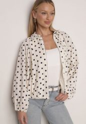 Jasnobeżowa Bluza w Groszki z Wiskozą o Nietoperzowym Kroju z Kołnierzykiem Rayo. Brązowe bluzy damskie Born2be, l, bez wzorów, z jeansu, biznesowe, bez ramiączek, bez kaptura. Za 199.99 zł.