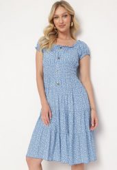 Niebieska Bawełniana Sukienka w Drobne Kwiaty z Gumkami w Talii Fielita. Niebieskie sukienki damskie Born2be, na spotkanie biznesowe, na lato, m, bez wzorów, z bawełny, eleganckie, bez kołnierzyka, bez ramiączek, mini. Za 34.99 zł.