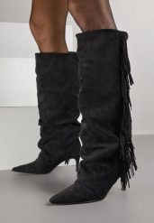 Czarne Kozaki Boho na Szpilce z Frędzlami Mevellana. Czarne kozaki damskie Born2be, bez wzorów, z jeansu, bez obcasa, na obcasie, bez zapięcia. Za 189.99 zł.