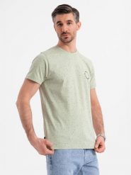 T-shirt męski bawełniany z nadrukiem i okrągłym dekoltem – miętowy V3 OM-TSFP-0186 - XXL. Zielone t-shirty męskie Ombre Clothing, l, bez wzorów, z bawełny, bez kołnierzyka, bez ramiączek. W wyprzedaży za 39.99 zł.