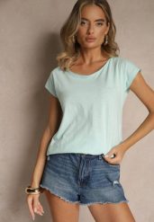 Jasnoniebieski Basicowy T-shirt z Bawełny Ralotea. Niebieskie t-shirty damskie Renee, l, bez wzorów, z bawełny, klasyczne, bez kołnierzyka, bez ramiączek. Za 34.99 zł.