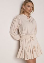 Beżowa Rozkloszowana Sukienka z Wiskozą Zdobiona Falbanami i Wiązaniem Lerienatia. Brązowe sukienki damskie Born2be, na co dzień, m, z aplikacjami, z wiskozy, eleganckie, bez kołnierzyka, bez ramiączek, mini, rozkloszowane. Za 119.99 zł.