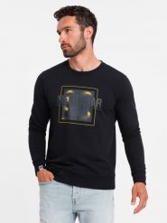 Bluza męska nierozpinana z nadrukiem - czarna V1 - Rozmiar: S. Czarne bluzy męskie Ombre Clothing, m, bez wzorów, z bawełny, bez ramiączek, bez kaptura. W wyprzedaży za 49.99 zł.
