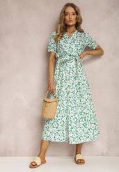 Zielona Sukienka z Bawełny Andrilla. Zielone sukienki damskie Renee, l, bez wzorów, z bawełny, bez kołnierzyka, bez ramiączek, midi, kopertowe. Za 139.99 zł.