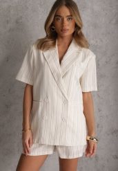 Beżowy Komplet z Wiskozą i Bawełną Szorty i Marynarka z Krótkim Rękawem Zaleria. Brązowe marynarki i żakiety damskie Renee, bez wzorów, z bawełny, biznesowe, bez kołnierzyka, bez ramiączek. Za 299.99 zł.