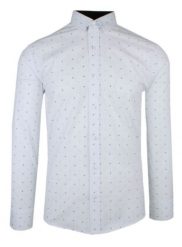 Męska, Taliowana (Slim Fit) Koszula Wizytowa - Rigon - Biała w Niebieski Groszek. Białe koszule męskie Rigon, m, bez wzorów, z bawełny, biznesowe, bez kołnierzyka, bez ramiączek. Za 129.00 zł.