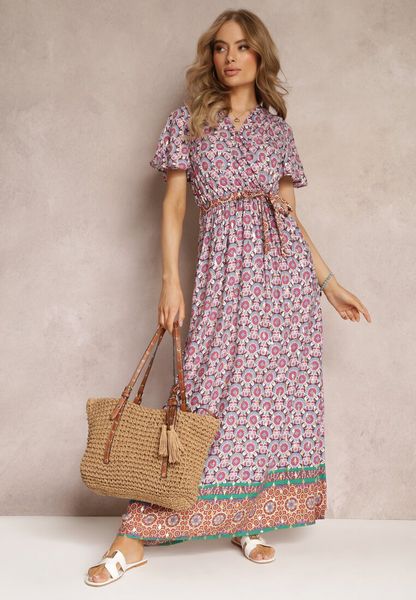 Różowa Sukienka Maxi z Paskiem i Gumką w Talii w Ornamentalny Wzór Calvim. Czerwone sukienki damskie Renee, l, bez wzorów, bez kołnierzyka, bez ramiączek, maxi. Za 99.99 zł.