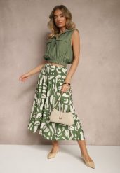 Zielone Szerokie Spodnie Culottes z Gumką Zdobione Geometrycznym Printem Sartebia. Zielone spodnie materiałowe damskie Renee, z aplikacjami, z jeansu, eleganckie. Za 44.99 zł.