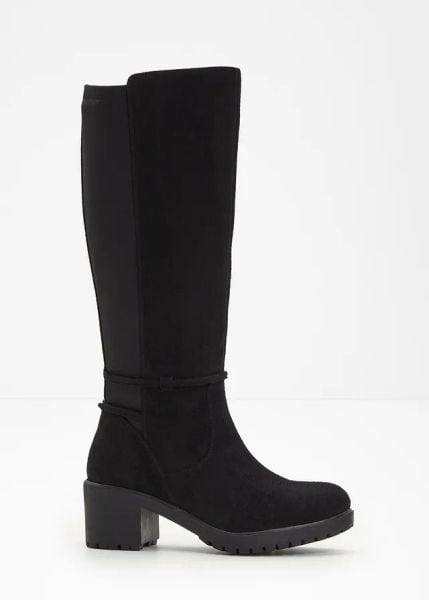 Kozaki. Czarne kozaki damskie bonprix, bez wzorów, bez obcasa, bez zapięcia. Za 209.99 zł.