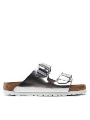 Birkenstock Klapki Arizona Metallic 1005961 Srebrny. Szare klapki damskie Birkenstock, bez wzorów, ze skóry, bez obcasa, bez zapięcia. Za 369.99 zł.
