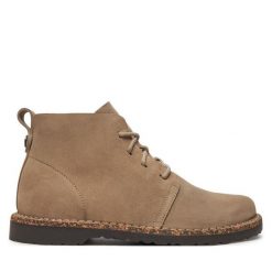 Botki Birkenstock. Brązowe botki damskie Birkenstock, bez wzorów, bez obcasa, na płaskiej podeszwie, bez zapięcia. Za 769.99 zł.