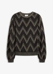 Sweter z cienkiej dzianiny z efektem połysku. Czarne swetry nierozpinane damskie bonprix, bez wzorów, z dzianiny, bez kołnierzyka, bez ramiączek. Za 129.99 zł.