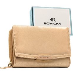 Beżowy, poziomy portfel damski ze skóry ekologicznej zamykany na zatrzask - Rovicky. Brązowe portfele damskie ROVICKY, ze skóry ekologicznej. Za 79.99 zł.