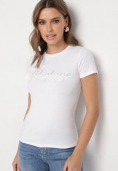 Biały Bawełniany T-shirt z Metalicznym Napisem Xalaviel. Białe t-shirty damskie Born2be, m, z aplikacjami, z bawełny, bez kołnierzyka, bez ramiączek. Za 74.99 zł.