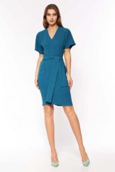 Elegancka Sukienka Wiązana w Pasie - Lazurowa. Niebieskie sukienki damskie Nife, xxl, bez wzorów, z elastanu, eleganckie, bez kołnierzyka, bez ramiączek. Za 237.90 zł.