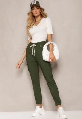 Ciemnozielone Spodnie High Waist o Fasonie Bojówek Istredda. Zielone spodnie materiałowe damskie Renee, bez wzorów, z jeansu, militarne, z podwyższonym stanem. Za 44.99 zł.