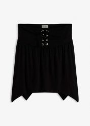 Top z falbanką. Czarne topy damskie bonprix, bez wzorów, eleganckie, bez kołnierzyka, bez ramiączek. Za 59.99 zł.