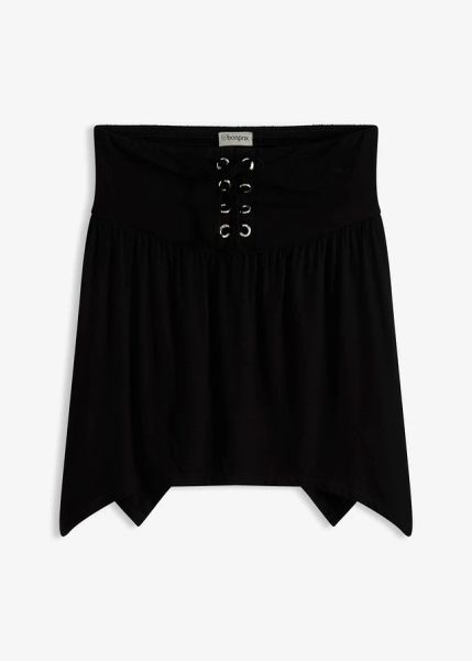 Top z falbanką. Czarne topy damskie bonprix, bez wzorów, eleganckie, bez kołnierzyka, bez ramiączek. Za 59.99 zł.