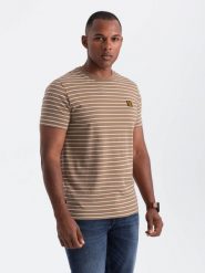 T-shirt męski w paski z naszywką Ombre Design – brązowo-biały V7 OM-TSCT-0183 - L. Białe t-shirty męskie Ombre Clothing, l, z aplikacjami, z bawełny, bez kołnierzyka, bez ramiączek. W wyprzedaży za 59.99 zł.