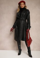 Czarny Ekoskórzany Płaszcz Dwurzędowy w Stylu Trencza z Paskiem Zerilina. Czarne płaszcze damskie Renee, l, bez wzorów, z jeansu, eleganckie, bez kołnierzyka, bez kaptura. Za 239.99 zł.