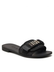 Guess Klapki Elyze3 FLGEL3 ELE19 Czarny. Czarne klapki damskie Guess, z aplikacjami, z materiału, bez obcasa, bez zapięcia. Za 419.99 zł.