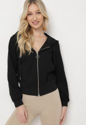 Czarna Bluza z Kapturem na Suwak Wykończona Ściągaczami Diacra. Czarne bluzy damskie Born2be, l, bez wzorów, klasyczne, bez ramiączek, z kapturem. Za 59.99 zł.